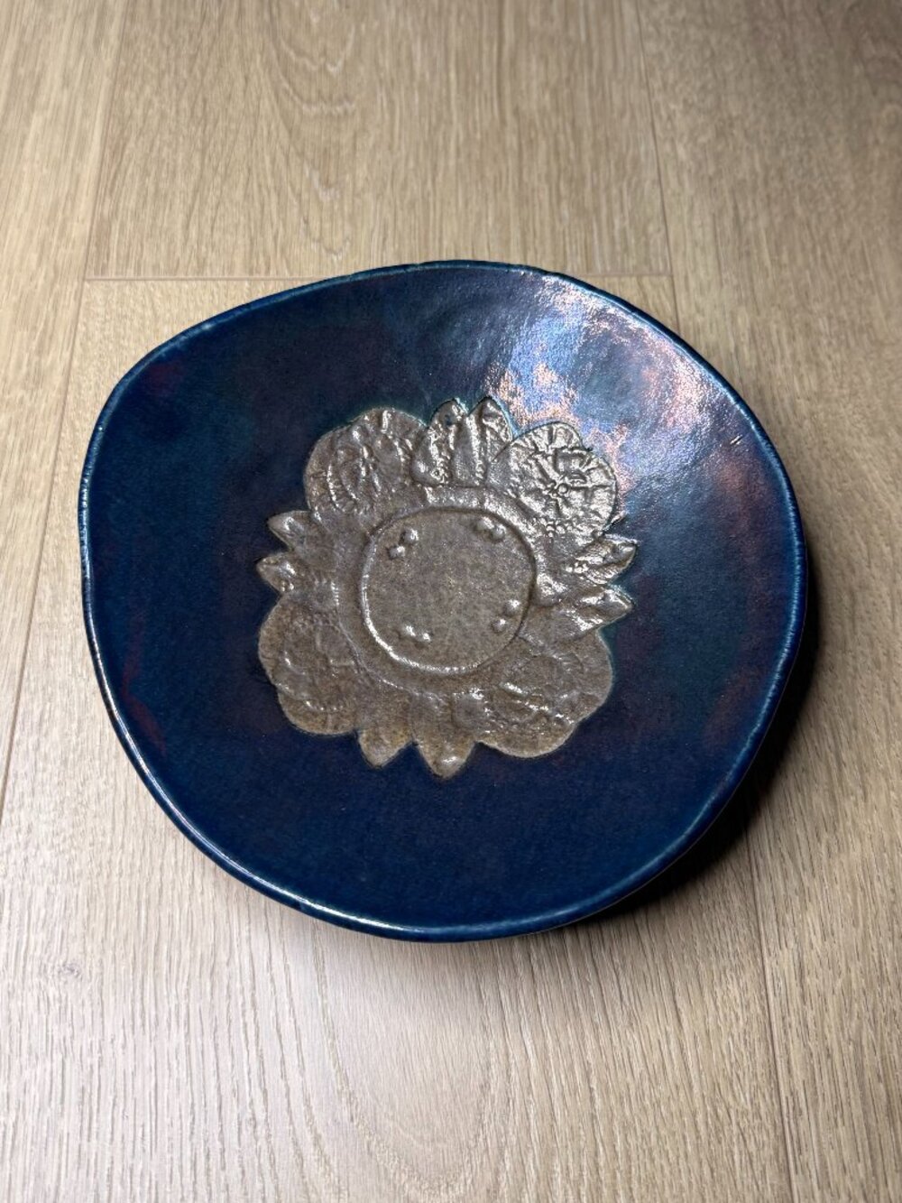 Joyce Furney Vintage Raku Sun Motif Footed Dish/Bowl 7” Amorphous Signed